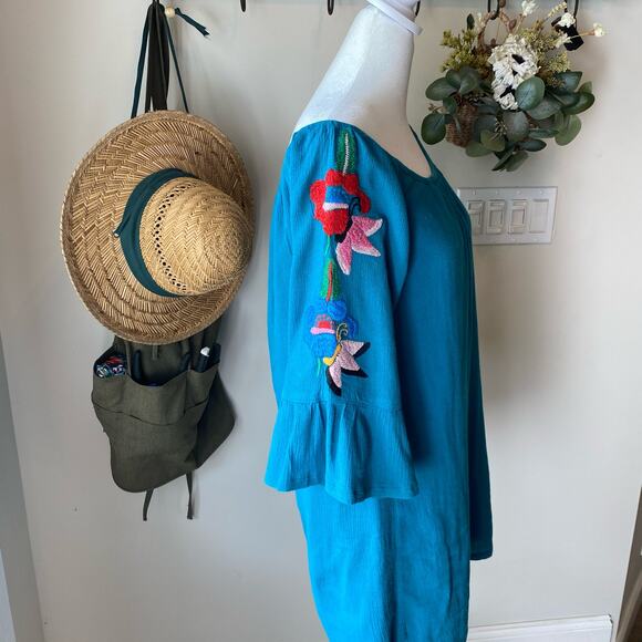 VAVA Floral Embroidered Dress Teal Blue Bell Sleeve Sz XS Beach Summer Tropical - Picture 4 of 9